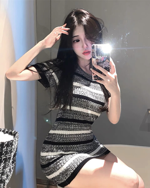 [f · P] online hot girl round neck striped Hip Wrap Dress 0176\hbx