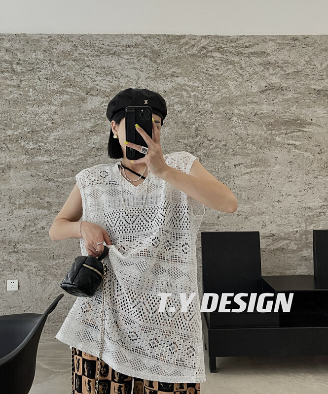 [T.Y tangyuanjia] famous brand simple hollow out lace splicing vest / sling 2077\ozq