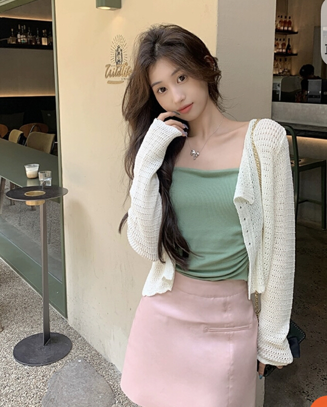 [f · P] simple solid color hollow out short knitted cardigan 51521\hbx