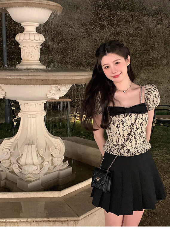 [x · h studio] French style square neck small fragrant wind bow tie floral shirt 88038\ozq