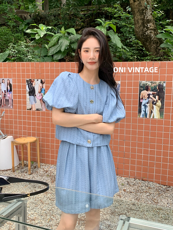 [onivinage oni] round neck bubble sleeve textured short coat oh224q5576