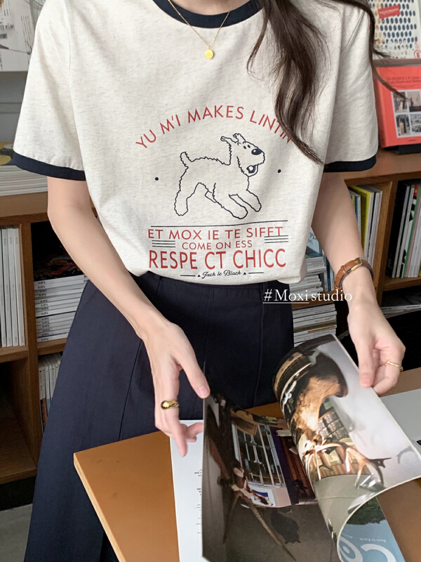 In early summer! [Moxi] Korean simple color contrast short sleeve T-shirt 1757\xj