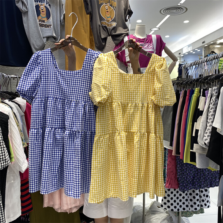 [al] square neck Bubble Sleeve Plaid loose dress 6509\wpl