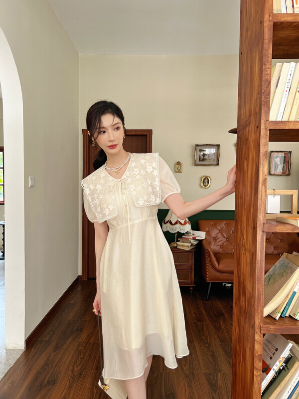 [Hanna inclusive] Korean lady V-neck bubble sleeve dress (with detachable cape) m3215\jhy
