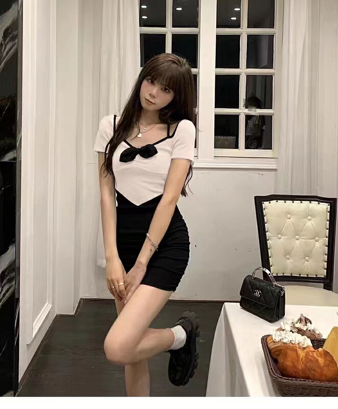 [Fanfan] fashion off shoulder color matching bow decorative dress 0053\jj