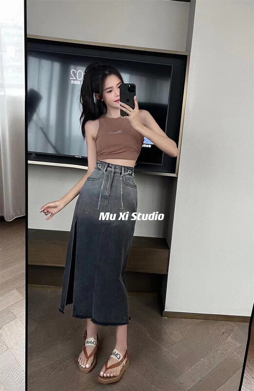 [Muxi] fashion personalized gradient denim skirt (with chain) 5069\wpl