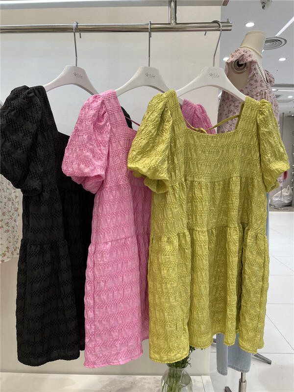 [Mihe] Korean solid color pleated bubble sleeve loose dress 2391\wpl