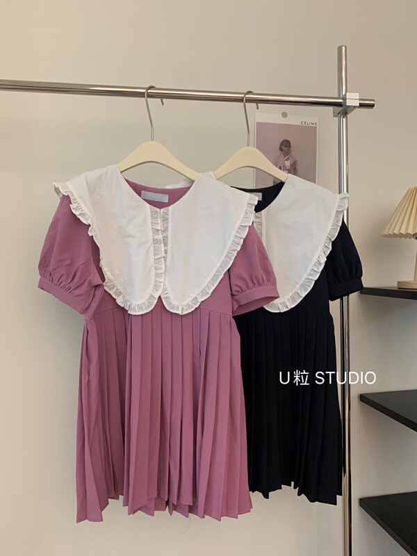 [U grain] summer large lapel pleated age reduced dress 5797 \hbx
