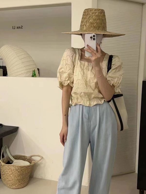 [Duomi] bubble sleeve pleated Square Neck Shirt 1037\zxl