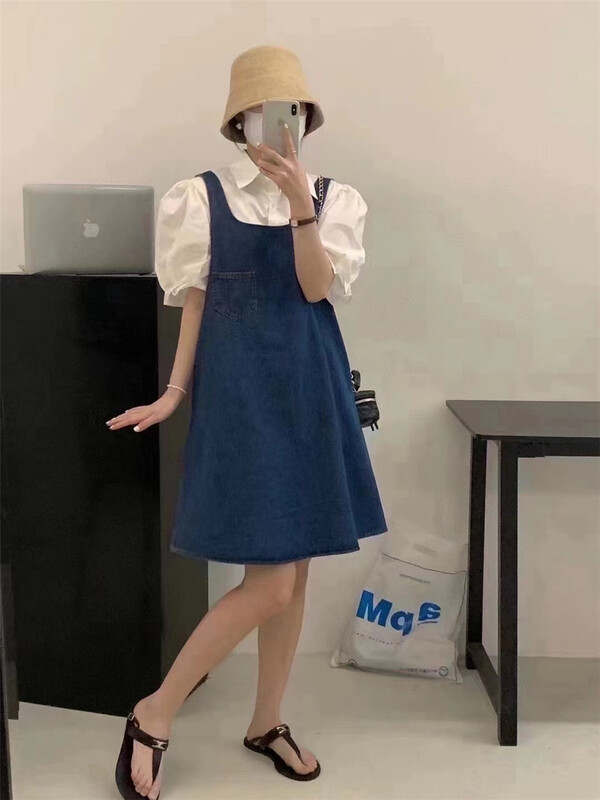 [Bingbing] simple and versatile solid shirt + loose trend denim skirt set ys1-8239\csx