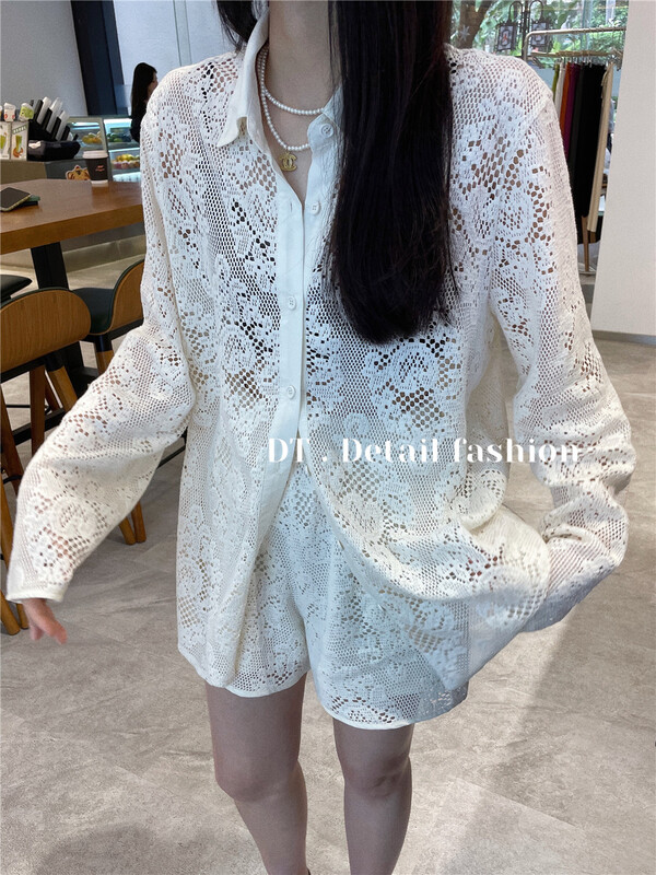 [DT] simple single breasted hollow out design shirt + casual Shorts Set c8037\wpl