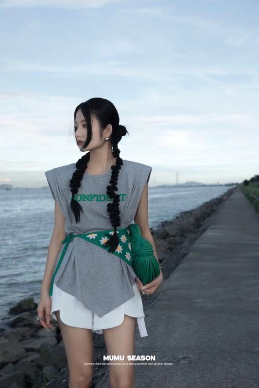 [Mumu session] open back crimped flocked letter waist closed short sleeve T-shirt 6357\zxl