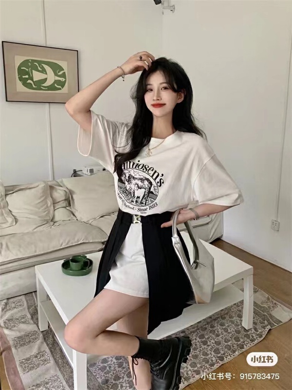 [lucky.bibi] casual loose letter short sleeve + slim pleated skirt set 1067\jj