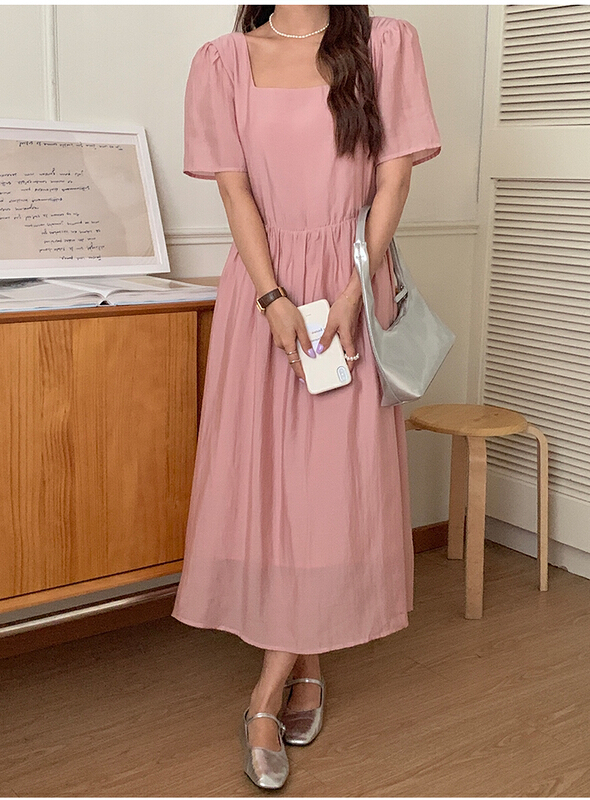 [the mind] chic Korean style square neck solid back tie dress 60501\jhy