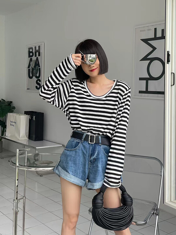 [Yuanxi] stripe loose casual long sleeve T-shirt a6011\lsl