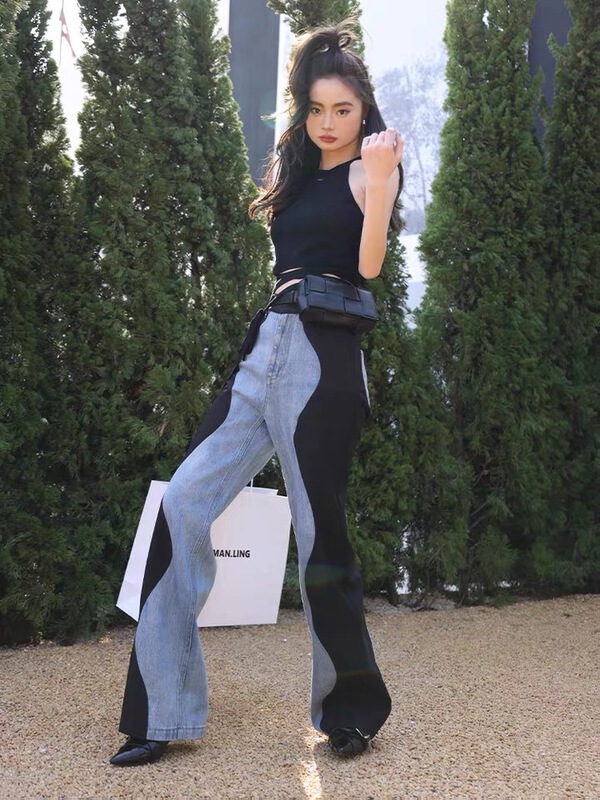 [Tan] wave panel contrast design loose fitting jeans p3164\zxl