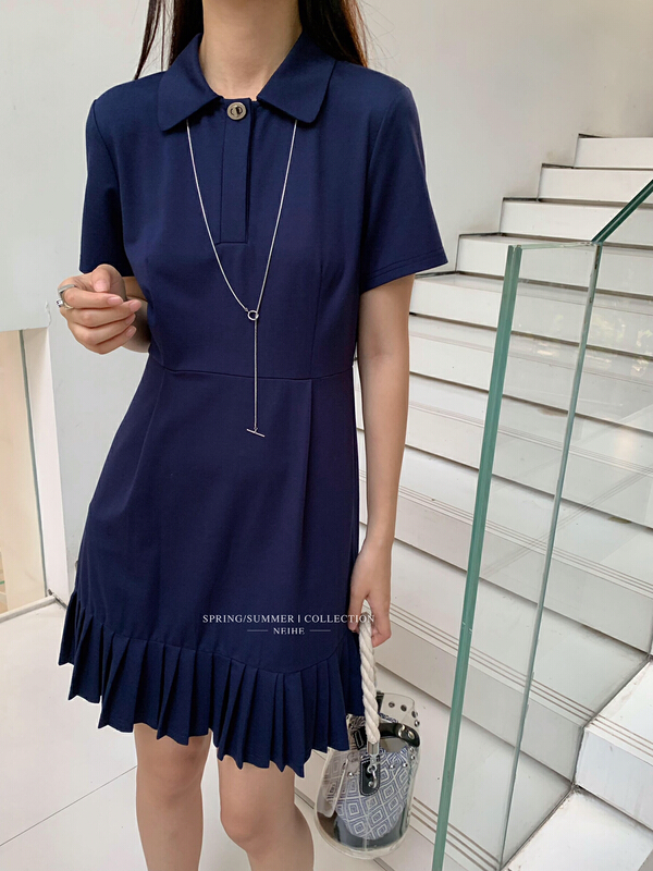 [neihe] Korean version waist closing polo collar Pleated Dress 22289\zxx
