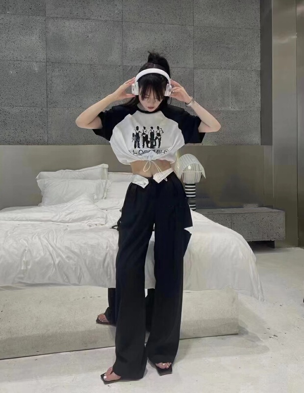 [Fanfan] fashion Korean loose hem drawstring short sleeve T-shirt 5959\jj
