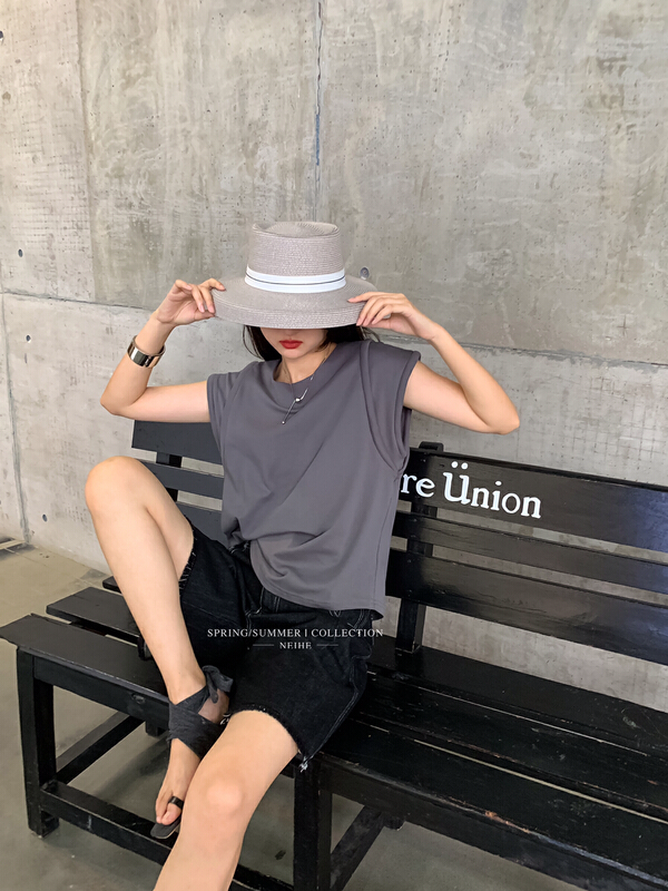 [neihe] round neck three-dimensional Cotton Filled sleeveless T-shirt short sleeve T-shirt 22378