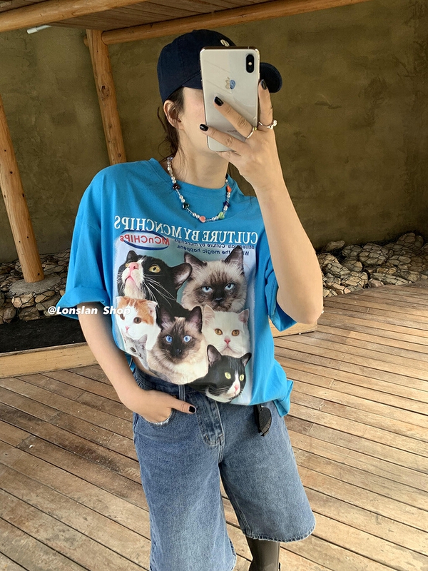 [JX] loose cat round neck print short sleeve T-shirt 1560\wtt