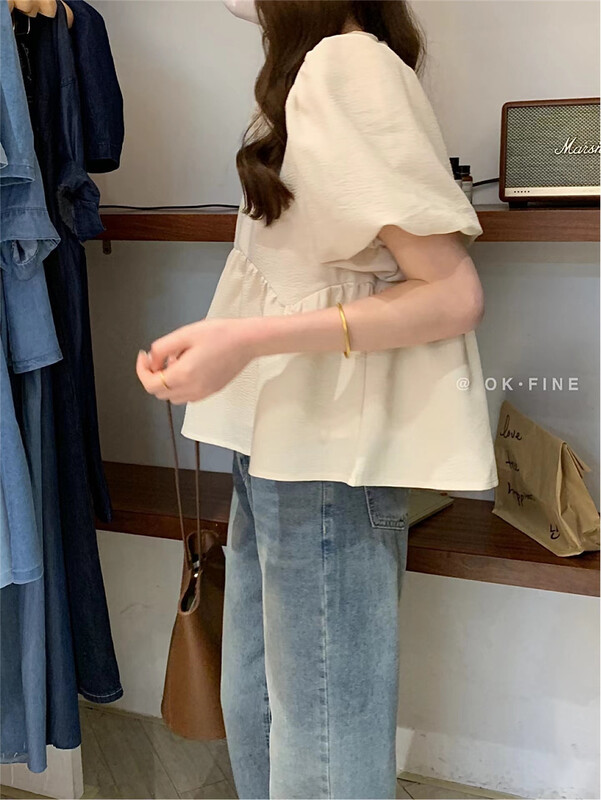 [OK fine] bubble sleeve round neck Pullover comfortable short sleeve T-shirt 8022\zjy