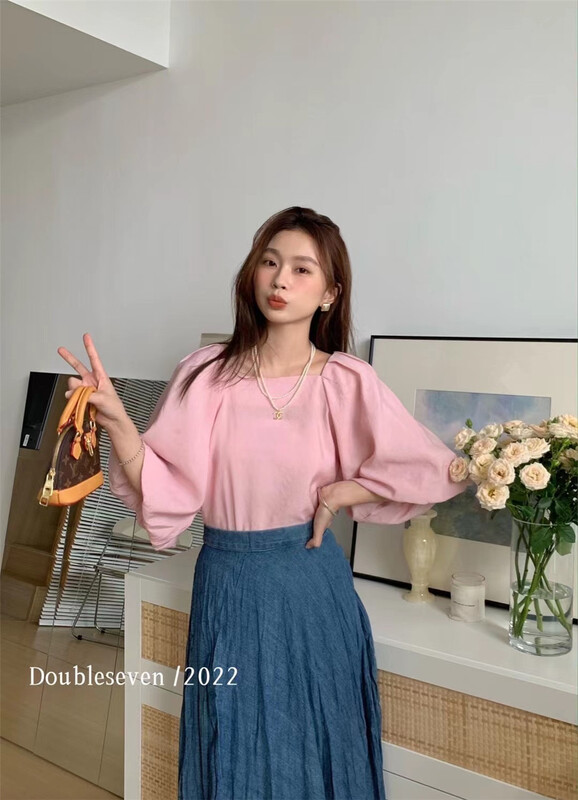 [double seven] square neck simple solid color pullover shirt 28890\zxx