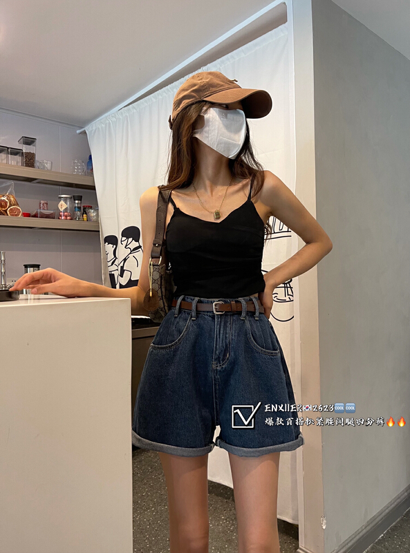 [en Xi'er] versatile Elastic Waist Wide Leg Denim Shorts (with belt) ea2623\l