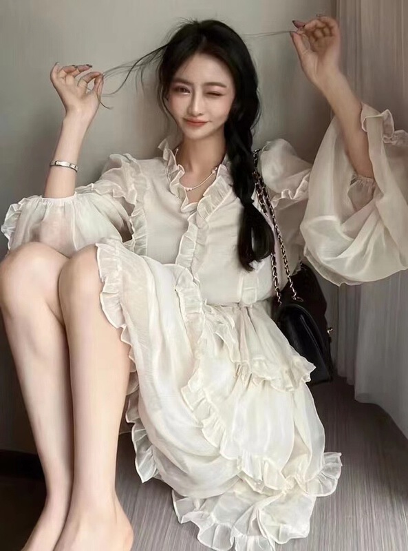 [Bingbing] French style wood ear edge V-neck waist dress ys3-8292\xyj