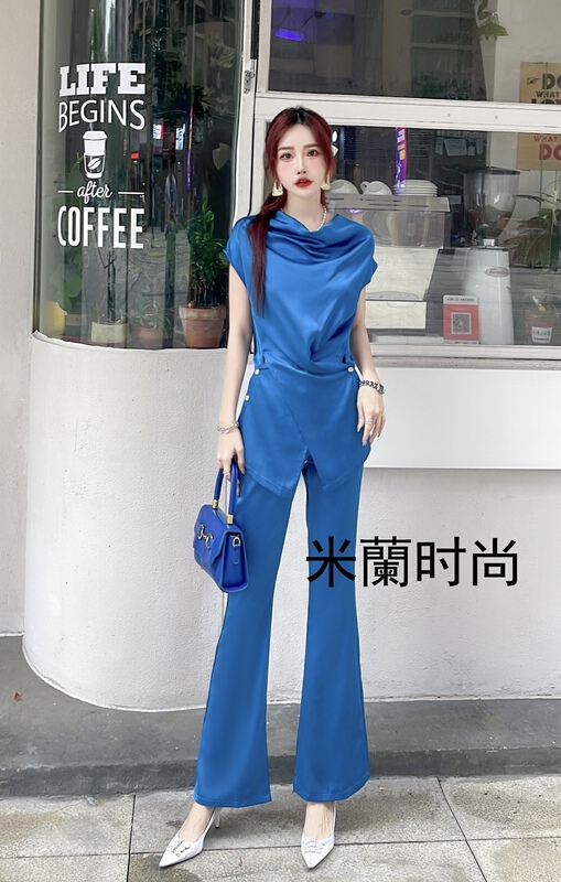 [Milan] fashionable and versatile round neck shirt + loose and comfortable solid color casual pants set 771\jj