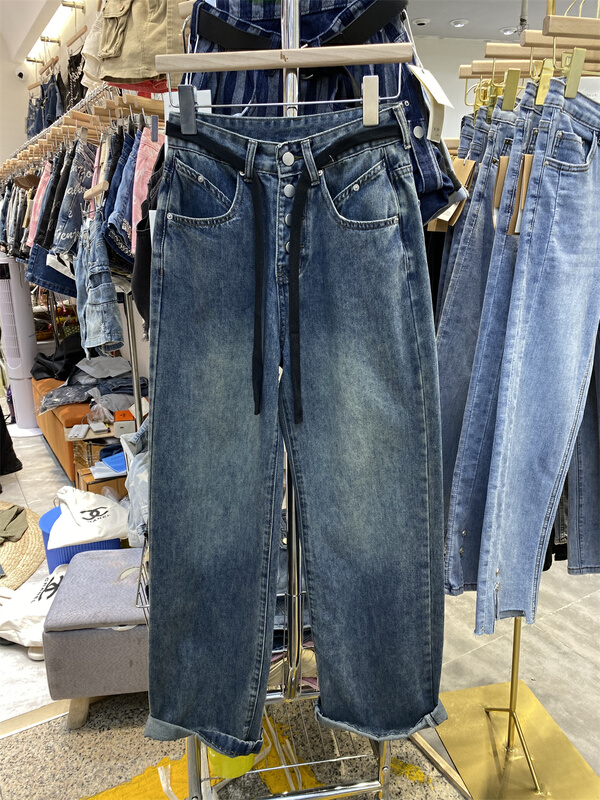 [Han Xier] retro Hong Kong style wide leg versatile jeans (with waist rope) 2325\hbx