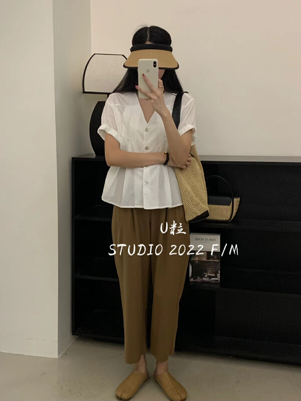 [U grain] V-neck shell button temperament shirt 6267\hbx