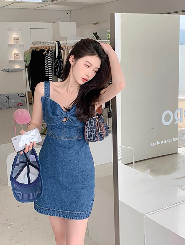 [fan fan] fashion bow harbor style suspender denim dress + solid T-shirt set 292\jj