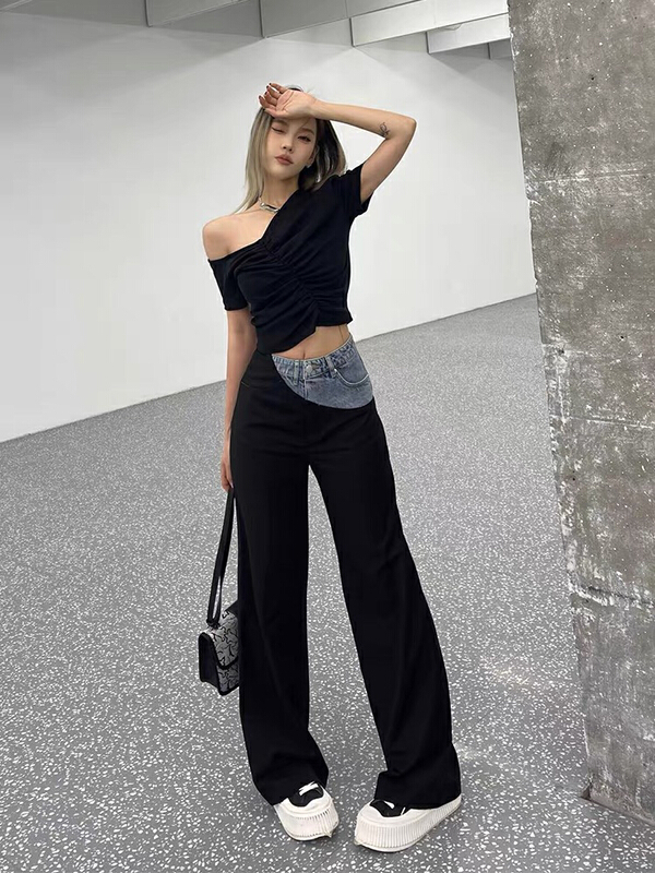[Lala] niche design splicing jeans casual pants 3130\wtt