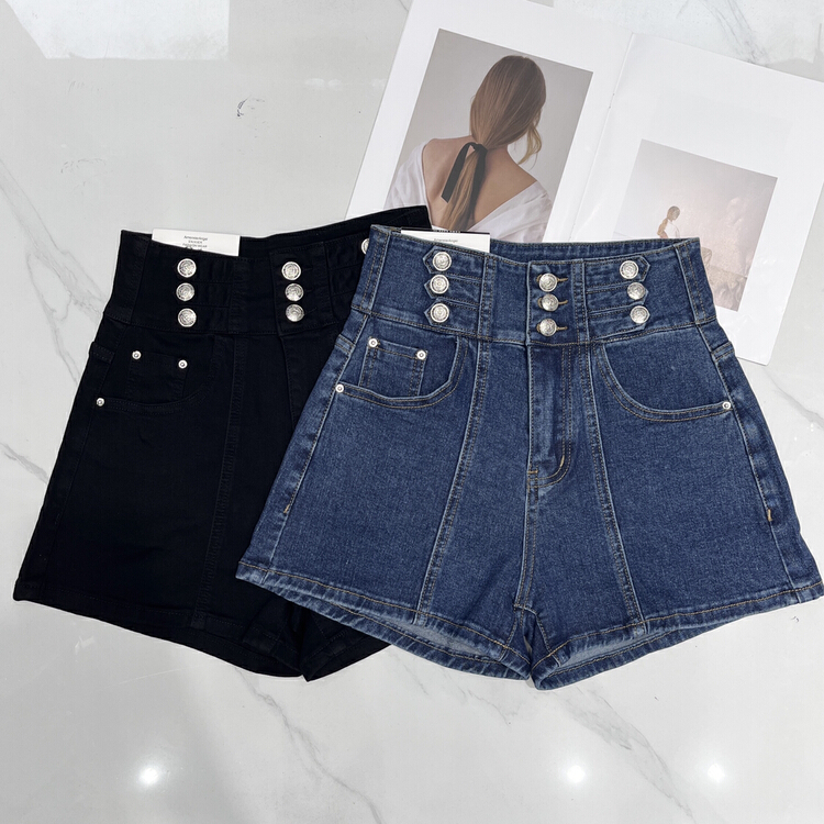 [en Xi'er] high waist button version a elastic denim shorts ehl2651\fhx