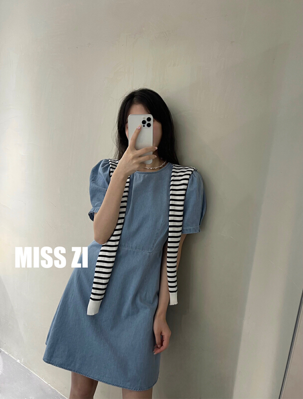 [miss Zi] knitted stripe wash denim dress (with cape) summer thin 2650