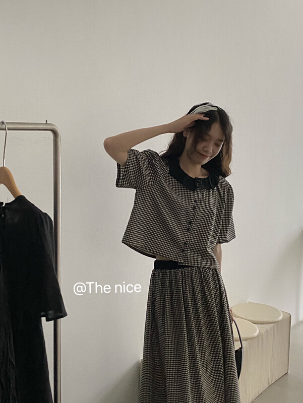 [the nice] Korean contrast PLAID RUFFLE button up shirt a9313\hjy