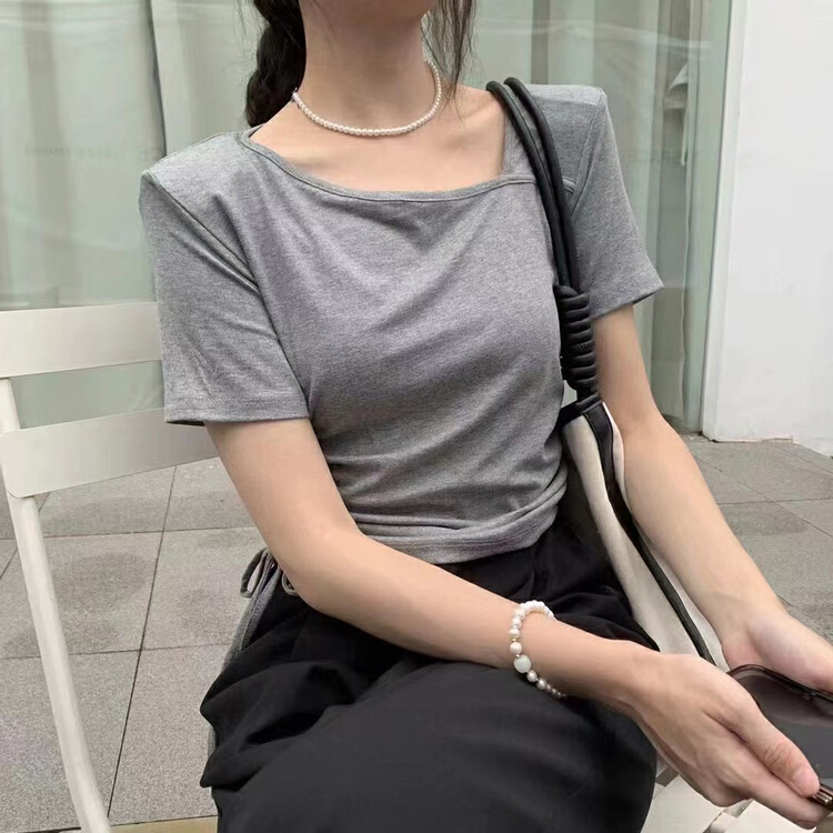 [Yuanxi] Korean version solid color irregular drawstring design Short Sleeve T-shirt ys1-3076\lsl