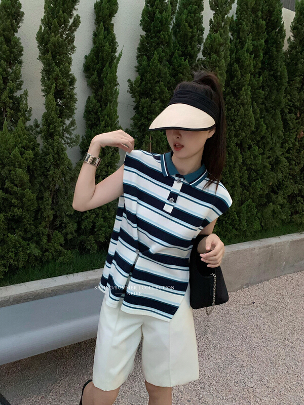 [neihe] sleeveless contrast Stripe Polo 22298\zxx