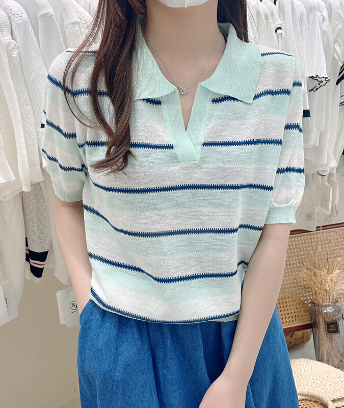 [S.J] Korean stripe polo collar short sleeve T-shirt 6913\lsw