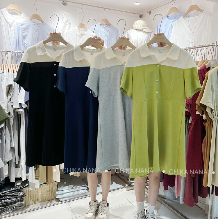 [chika.nana] polo collar color contrast mosaic dress 7230\jj