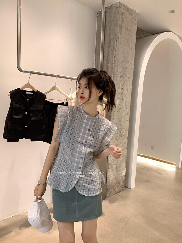 [neihe] French celebrity sleeveless lace up vest waist check blouse 22281\zxx