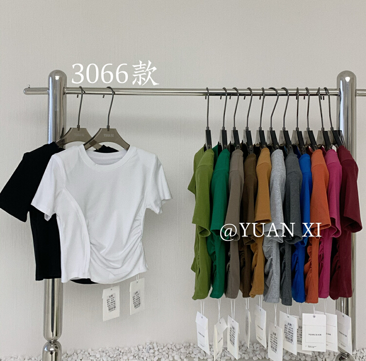 [Yuanxi] pleated round neck shoulder pad slim fitting short sleeve T-shirt 3066-1\lsl