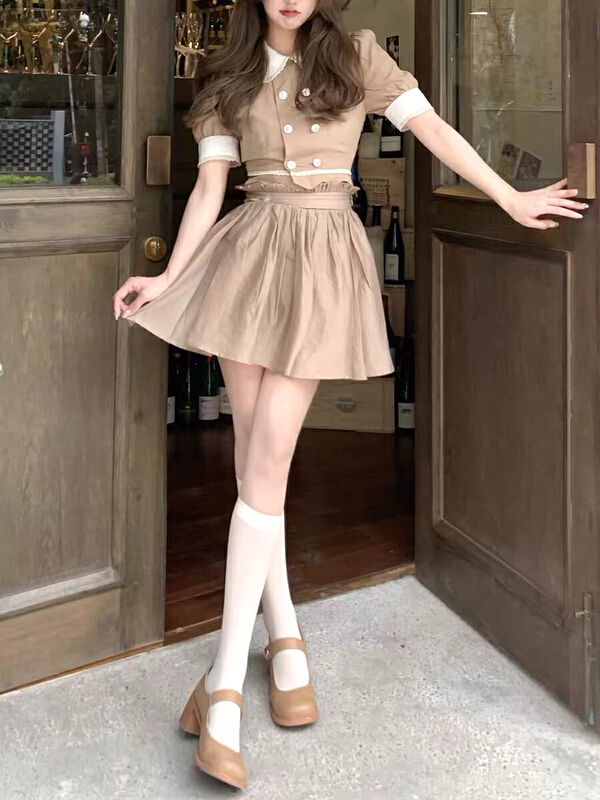 [Doudou family] college baby collar bubble sleeve shirt + flounced skirt suit 88411\jj