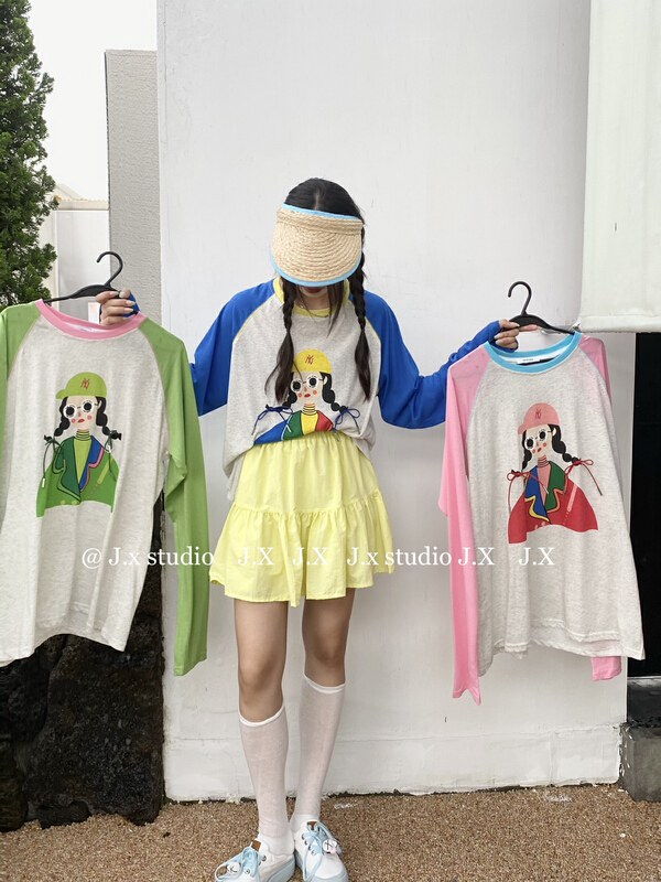 [JX] contrast pigtail Girls Round Neck loose sun shirt t1101\wtt