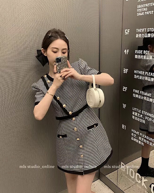 [Linna] leisure simple Plaid short coat + Korean breasted Plaid Dress Set 124674\jj