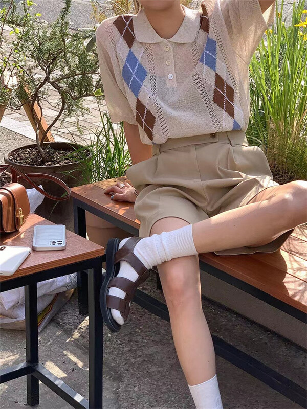 [Selene] Polo neck Plaid color contrast T-shirt 5076\xyj