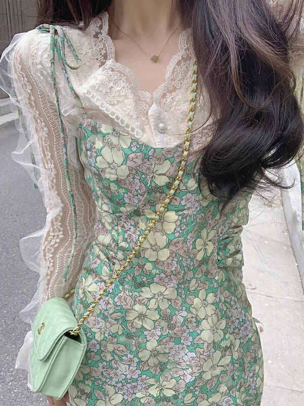 [Dai Dai] long sleeve versatile shirt + high sense floral dress set 5278\hbx