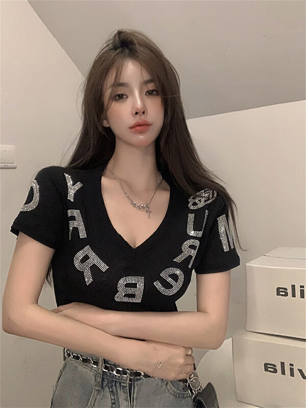 [Tan] hot drill letter V-neck short sleeve T-shirt t3560\zxl