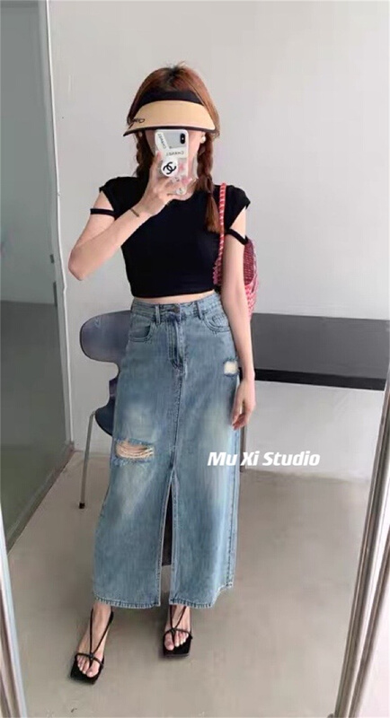 [Muxi] high waist fashion split hole denim skirt 6033\wpl