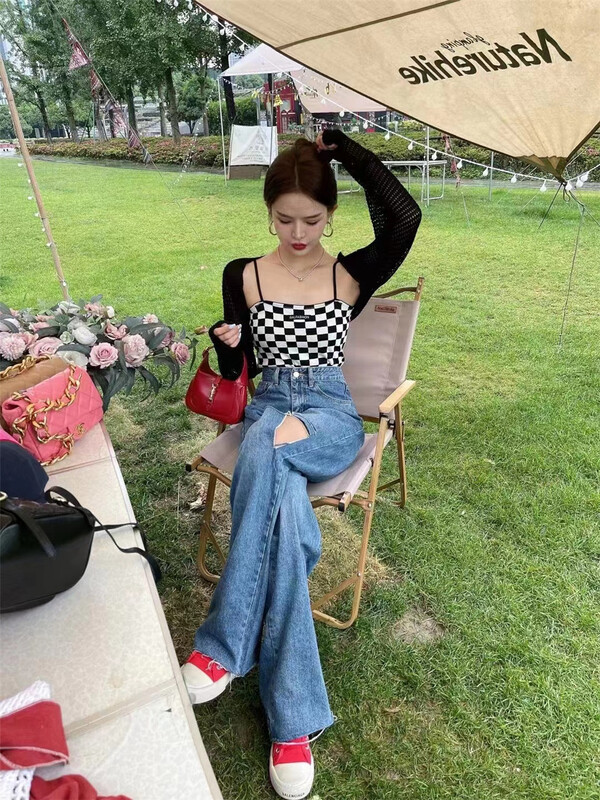 [lucky.bibi] leisure simple short plaid Vest + leisure simple solid color knitted open suit 1053\jj